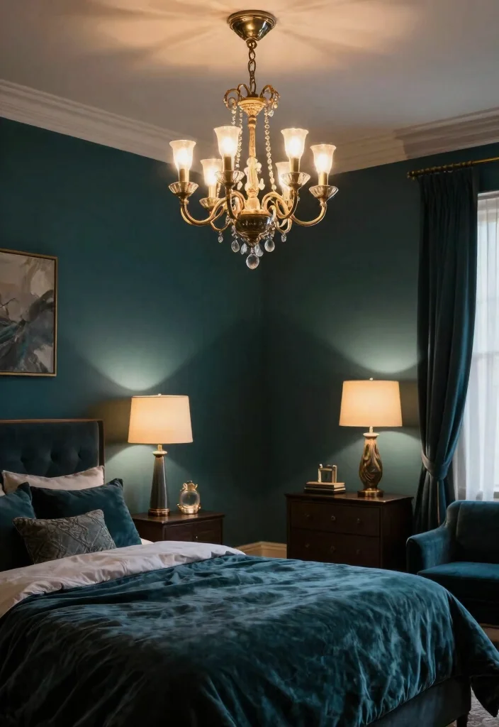 12 Dark Teal Bedroom Ideas for a Rich Moody Look 3. Statement Lighting Fixtures 0