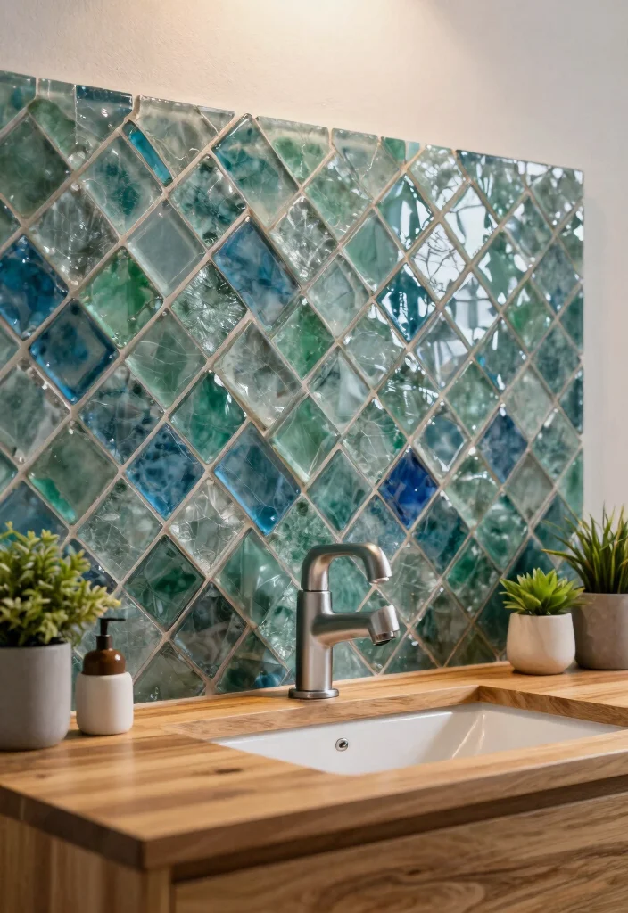 12 Eco Friendly Bathroom Backsplash Ideas for Vanities 1. Recycled Glass Tiles 0