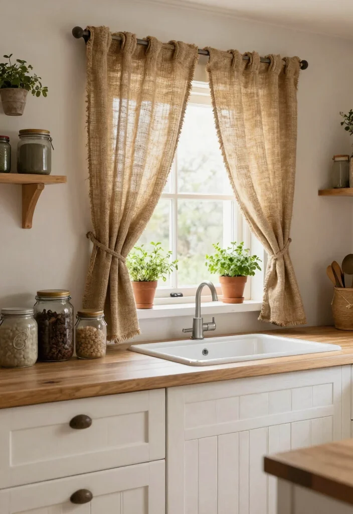 12 Farmhouse Kitchen Curtain Ideas with Cozy Style 3. Rustic Burlap Textiles 0