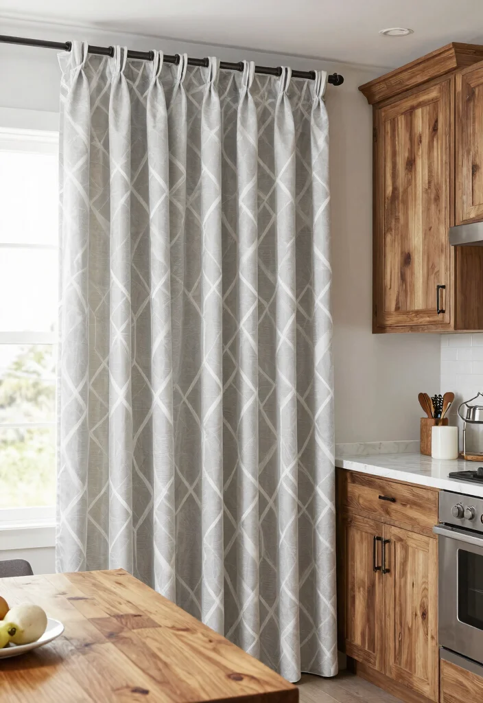 12 Farmhouse Kitchen Curtain Ideas with Cozy Style 8. Chic Geometric Patterns 0