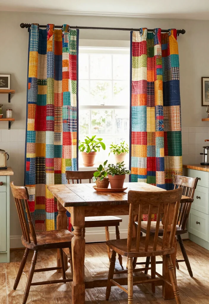 12 Farmhouse Kitchen Curtain Ideas with Cozy Style 9. Handcrafted Quilt Curtains 0