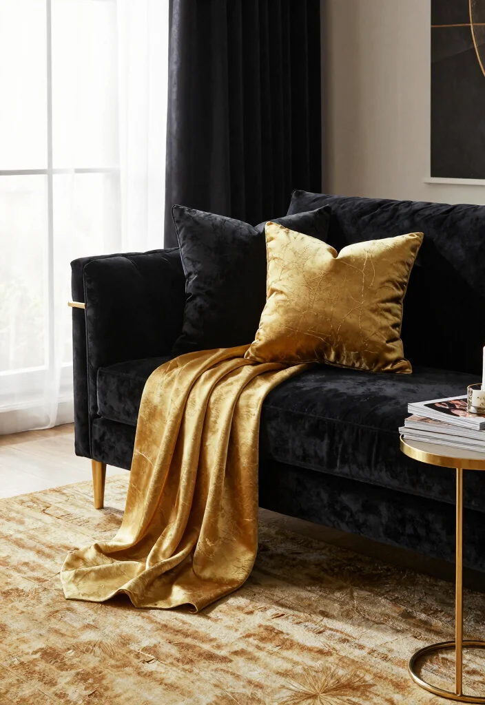 12 Gold and Black Living Room Ideas with Luxe Contrast 13 12 Gold and Black Living Room Ideas with Luxe Contrast 3. Luxurious Textiles 0