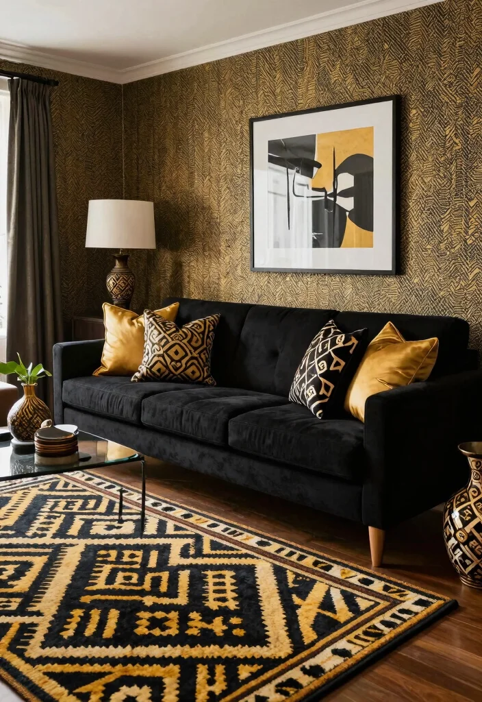 12 Gold and Black Living Room Ideas with Luxe Contrast 59 12 Gold and Black Living Room Ideas with Luxe Contrast 9. Play with Patterns 0