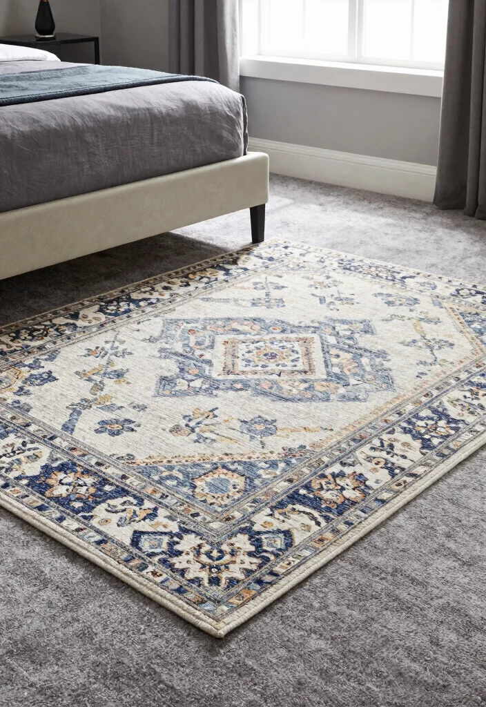 12 Gray Carpet Bedroom Ideas for Soft Comfort 5. Layered Rugs 0