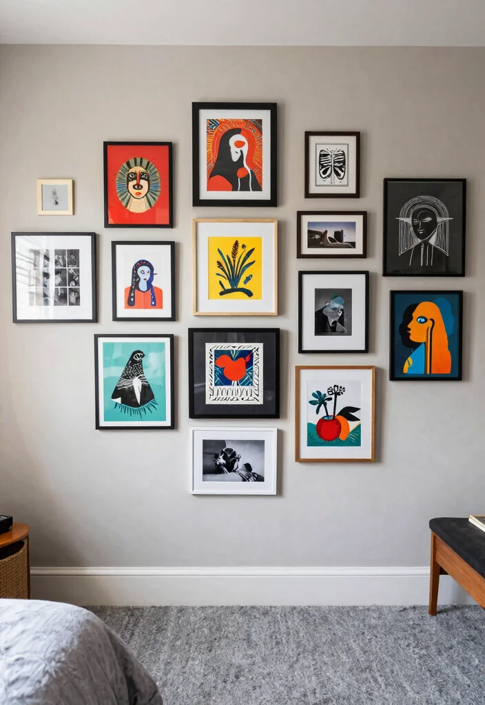 12 Gray Carpet Bedroom Ideas for Soft Comfort 8. Artwork Gallery Wall 0