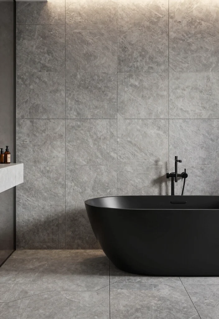 12 Gray and Black Bathroom Ideas with Bold Modern Mood 12 12 Gray and Black Bathroom Ideas with Bold Modern Mood 2. Textured Gray Tiles 0