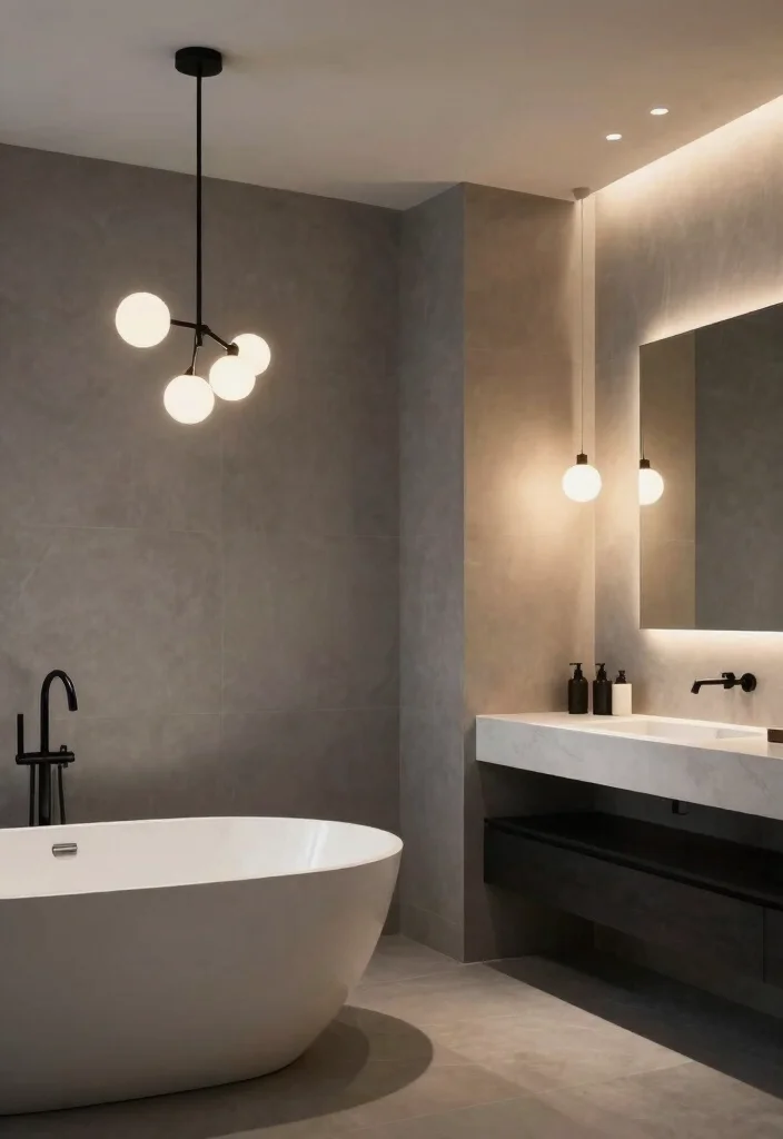 12 Gray and Black Bathroom Ideas with Bold Modern Mood 14 12 Gray and Black Bathroom Ideas with Bold Modern Mood 4. Statement Lighting 0
