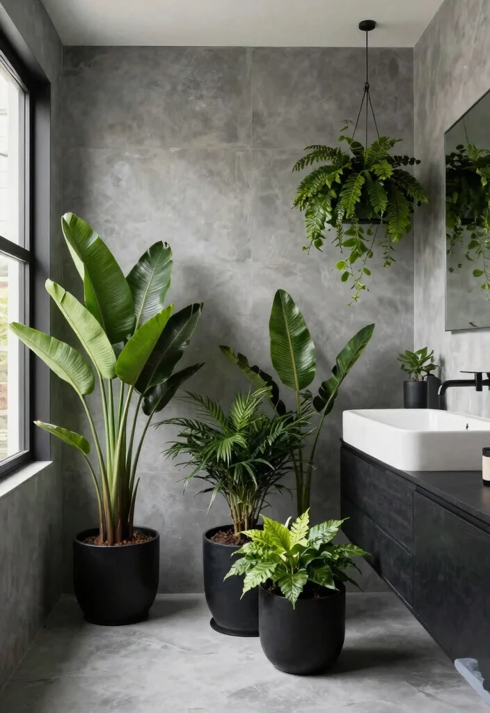 12 Gray and Black Bathroom Ideas with Bold Modern Mood 27 12 Gray and Black Bathroom Ideas with Bold Modern Mood 7. Chic Botanic Touches 0