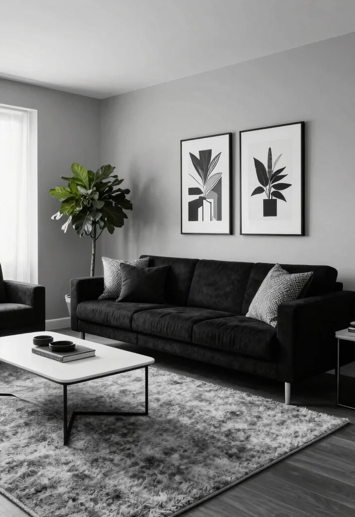 12 Grey Carpet Living Room Ideas for Soft Comfort 3. Embrace Monochrome Elegance 0