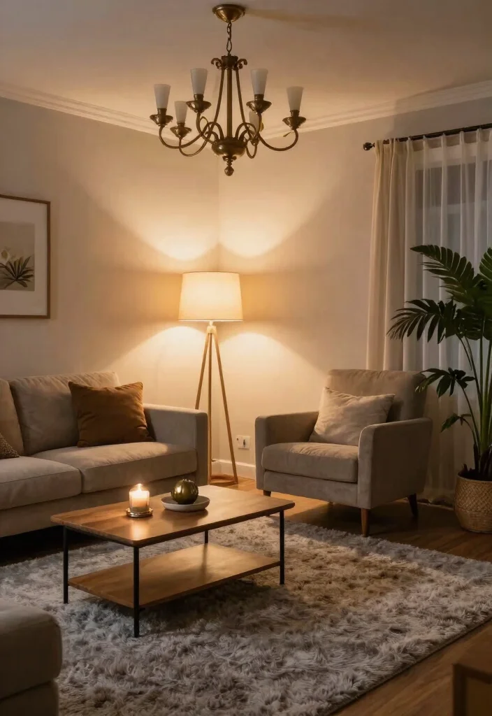 12 Grey Carpet Living Room Ideas for Soft Comfort 5. Incorporate Layered Lighting 0