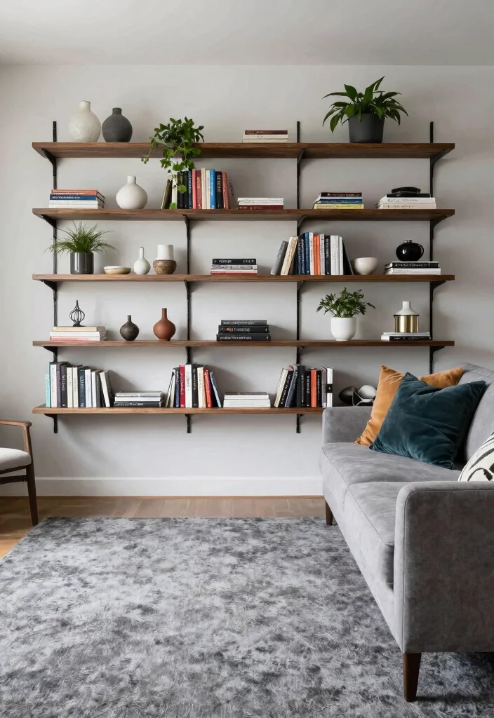 12 Grey Carpet Living Room Ideas for Soft Comfort 6. Utilize Open Shelving 0