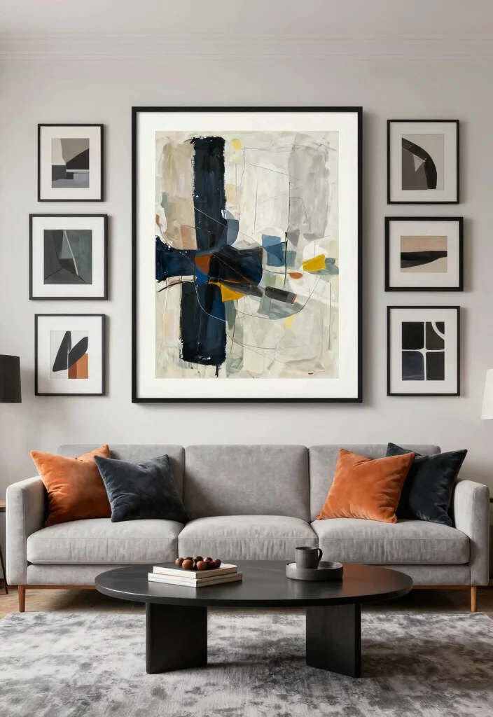 12 Grey Carpet Living Room Ideas for Soft Comfort 7. Choose Artistic Wall Decor 0