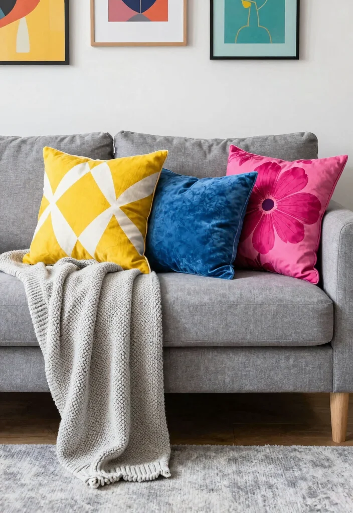 12 Grey Living Room Ideas with a Pop of Color 1 12 Grey Living Room Ideas with a Pop of Color 1. Vibrant Throw Pillows 0