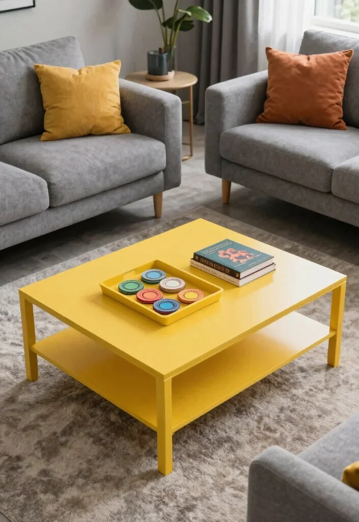 12 Grey Living Room Ideas with a Pop of Color 62 12 Grey Living Room Ideas with a Pop of Color 12. Vibrant Coffee Tables 0