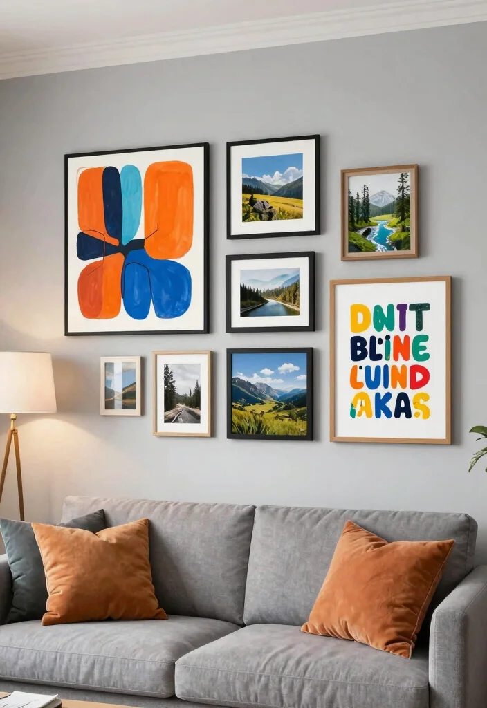 12 Grey Living Room Ideas with a Pop of Color 13 12 Grey Living Room Ideas with a Pop of Color 3. Colorful Artwork 0