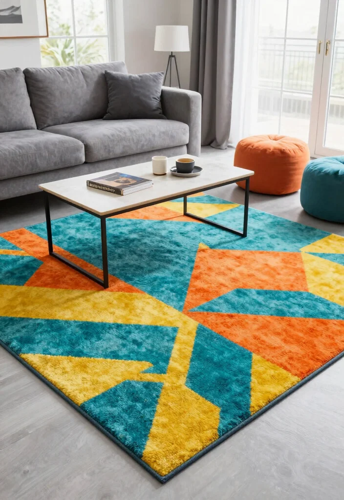 12 Grey Living Room Ideas with a Pop of Color 14 12 Grey Living Room Ideas with a Pop of Color 4. Playful Rugs 0