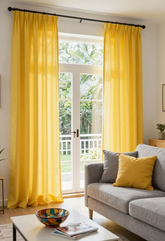 12 Grey Living Room Ideas with a Pop of Color 25 12 Grey Living Room Ideas with a Pop of Color 5. Colorful Window Treatments 0