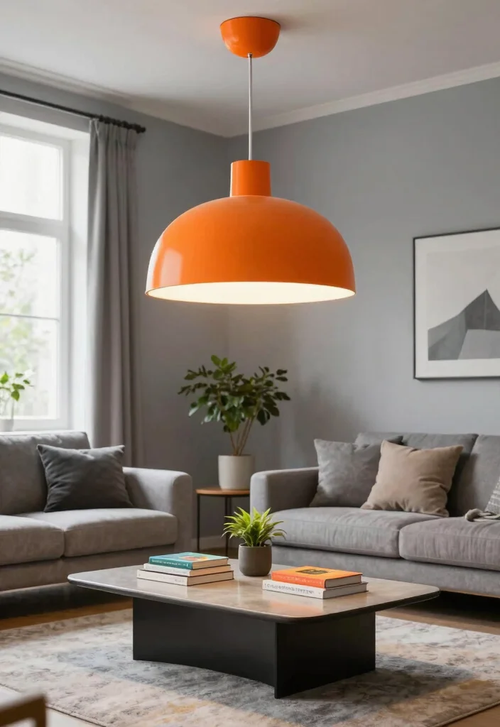 12 Grey Living Room Ideas with a Pop of Color 26 12 Grey Living Room Ideas with a Pop of Color 6. Bold Lighting Fixtures 0