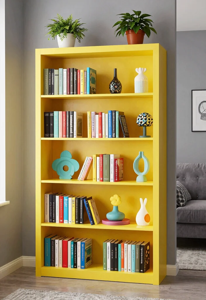 12 Grey Living Room Ideas with a Pop of Color 39 12 Grey Living Room Ideas with a Pop of Color 9. Colorful Bookshelves 0