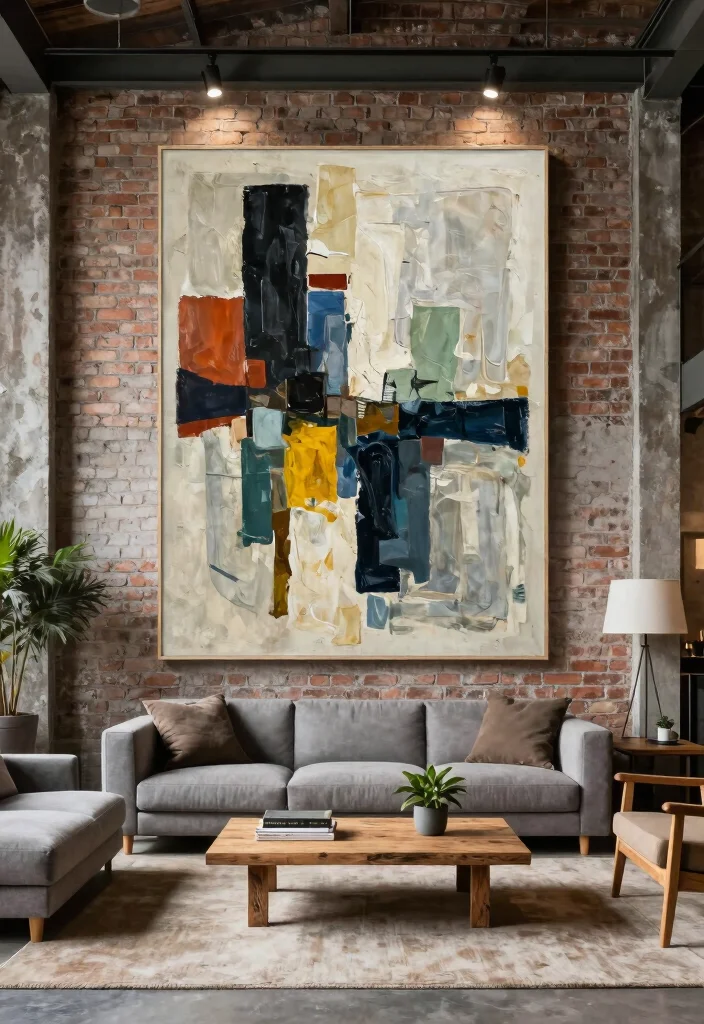12 Industrial Living Room Ideas with Raw Texture 26 12 Industrial Living Room Ideas with Raw Texture 6. Large Statement Art 0