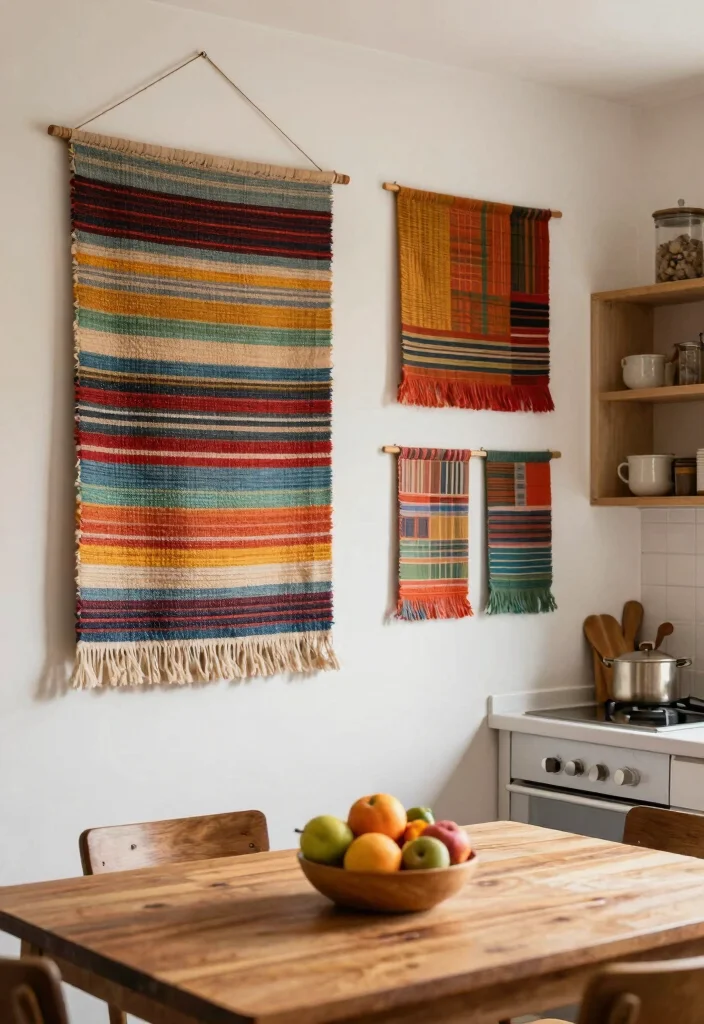 12 Kitchen Gallery Wall Ideas That Add Personality 10. Colorful Textile Wall Hangings 0