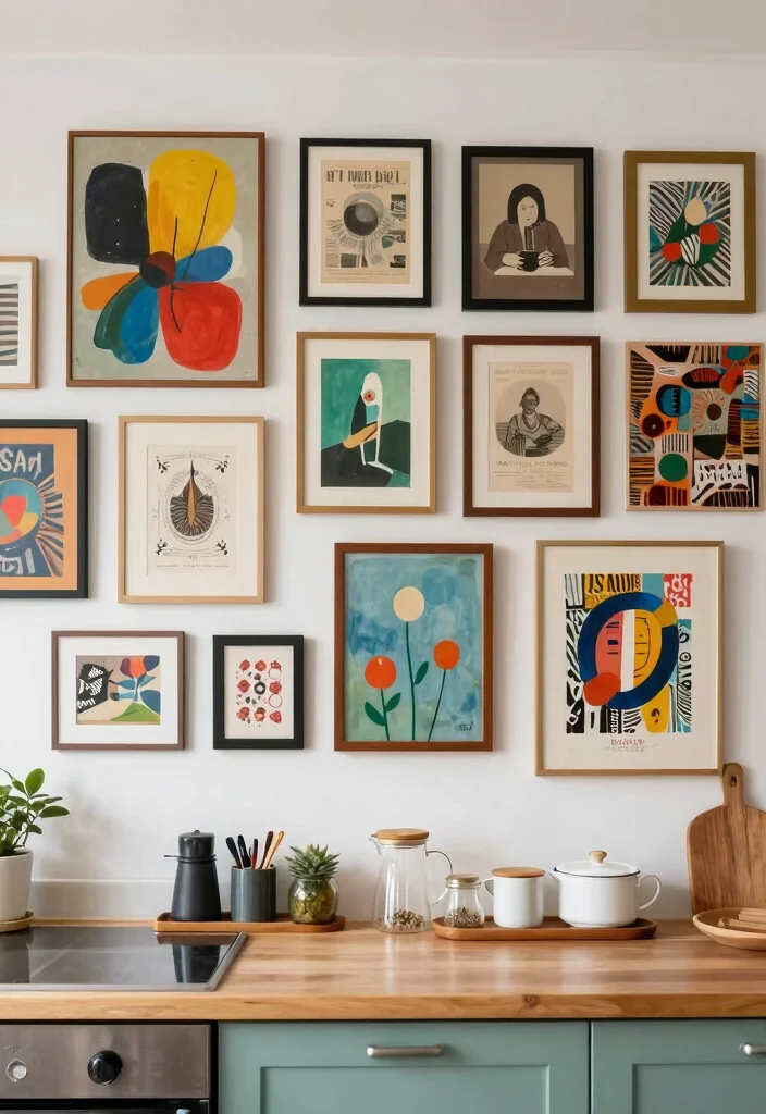 12 Kitchen Gallery Wall Ideas That Add Personality 12. Mixing Art Styles 0