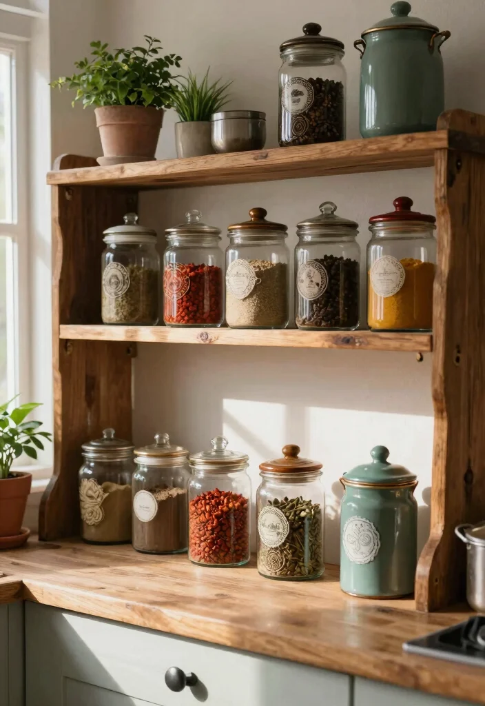 12 Kitchen Spice Rack Ideas for Easy Organization 6. Vintage Spice Jars Display 0