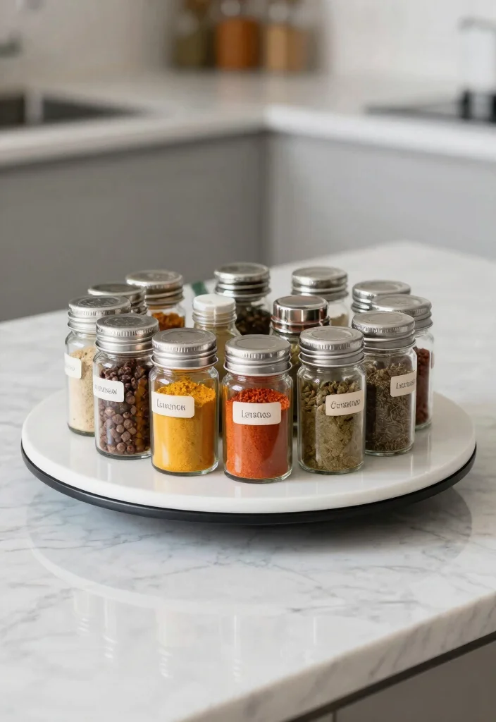 12 Kitchen Spice Rack Ideas for Easy Organization 9. Spice Jars on a Lazy Susan 0