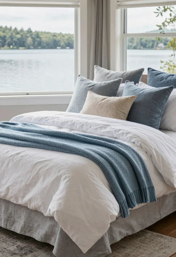 12 Lake House Bedroom Ideas with Relaxed Cozy Vibes 3. Layered Bedding 0
