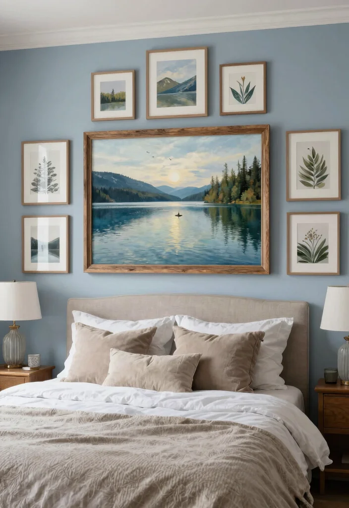 12 Lake House Bedroom Ideas with Relaxed Cozy Vibes 6. Serene Artwork 0