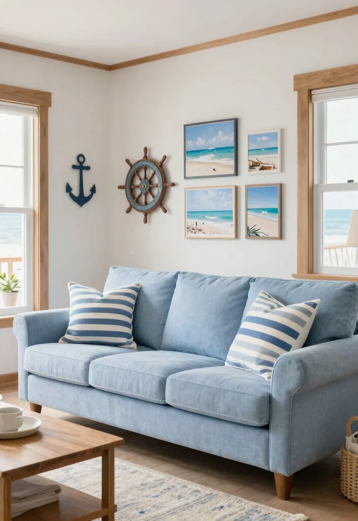 12 Light Blue Couch Living Room Ideas for a Fresh Look 1. Coastal Calm with Nautical Accents 0