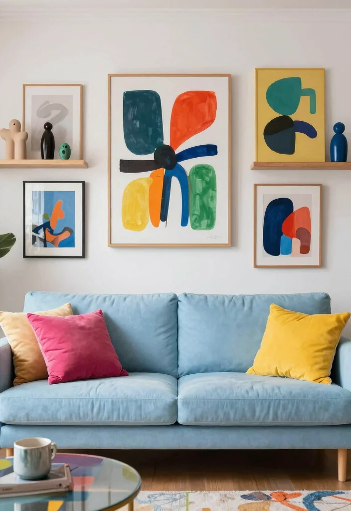 12 Light Blue Couch Living Room Ideas for a Fresh Look 10. Artistic Flair 0