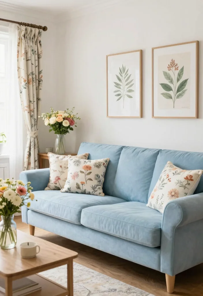 12 Light Blue Couch Living Room Ideas for a Fresh Look 12. Fresh Floral Touches 0