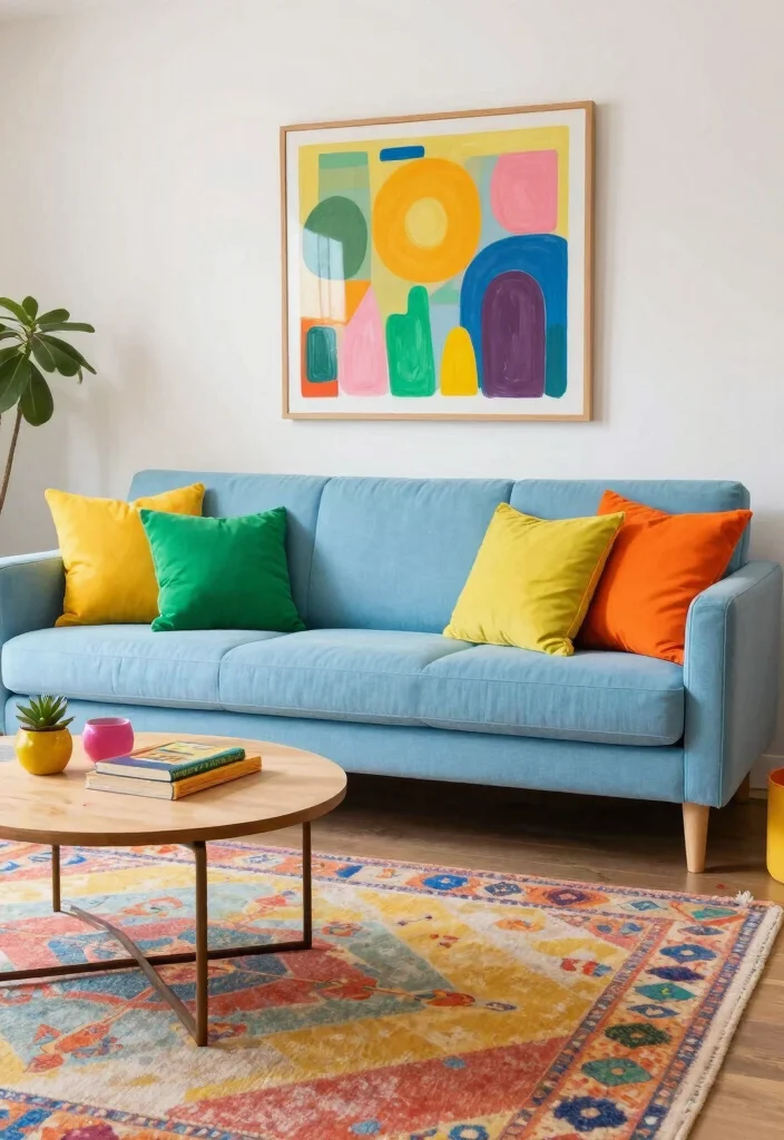 12 Light Blue Couch Living Room Ideas for a Fresh Look 4. Bright and Colorful Accents 0