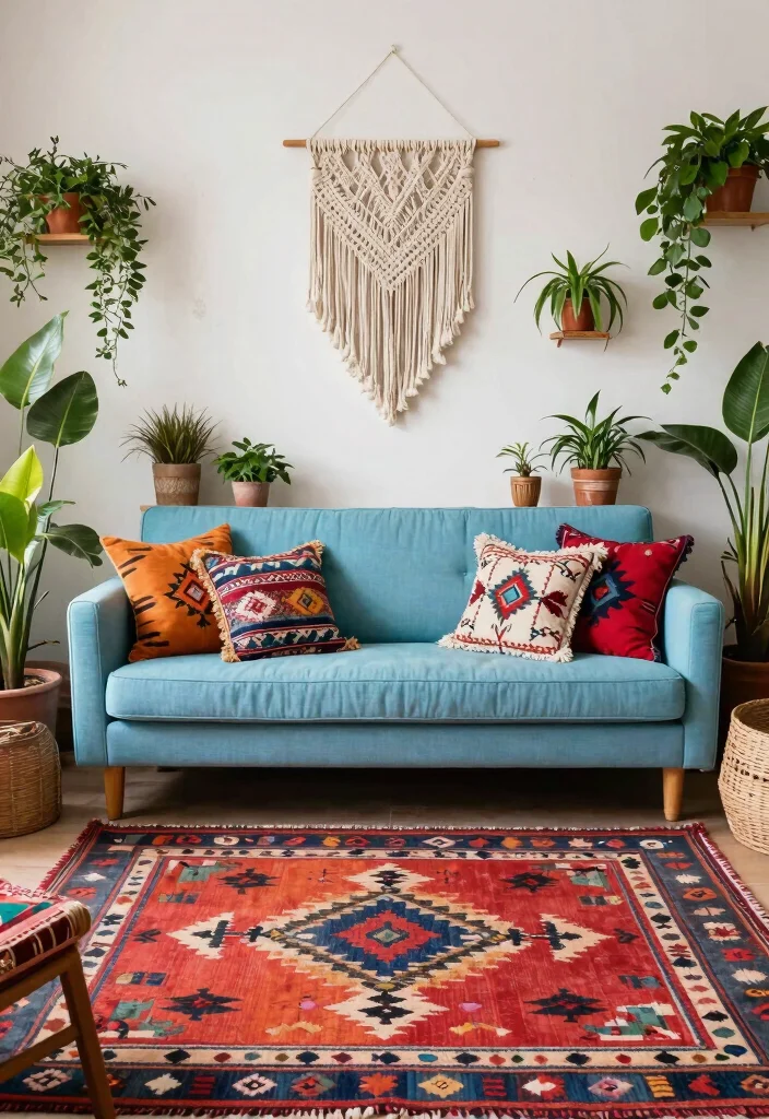 12 Light Blue Couch Living Room Ideas for a Fresh Look 7. Bohemian Vibes 0