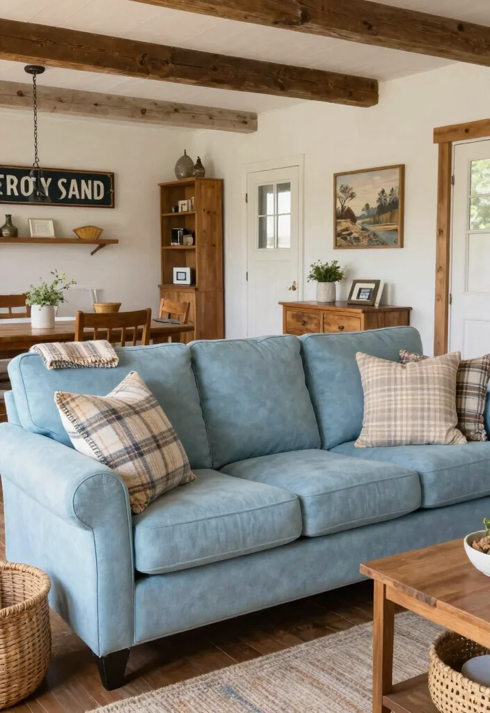 12 Light Blue Couch Living Room Ideas for a Fresh Look 9. Farmhouse Comfort 0