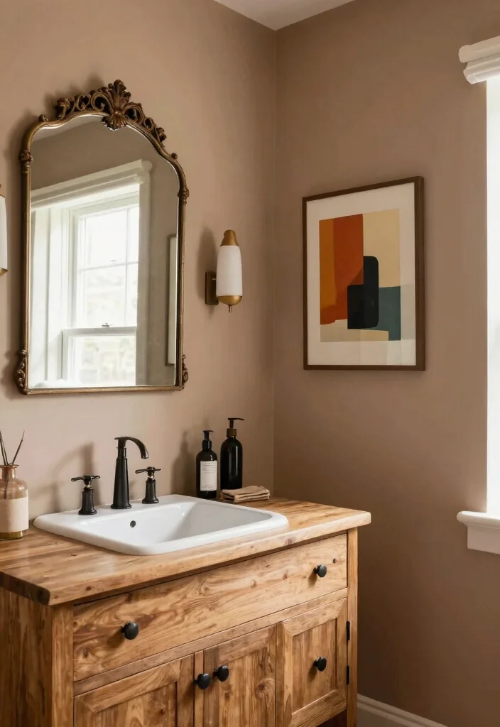 12 Light Brown Bathroom Ideas with Warm Natural Tones 11. Unique Statement Pieces 0