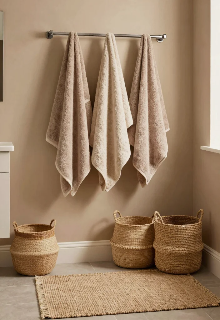 12 Light Brown Bathroom Ideas with Warm Natural Tones 6. Cozy Textiles 0