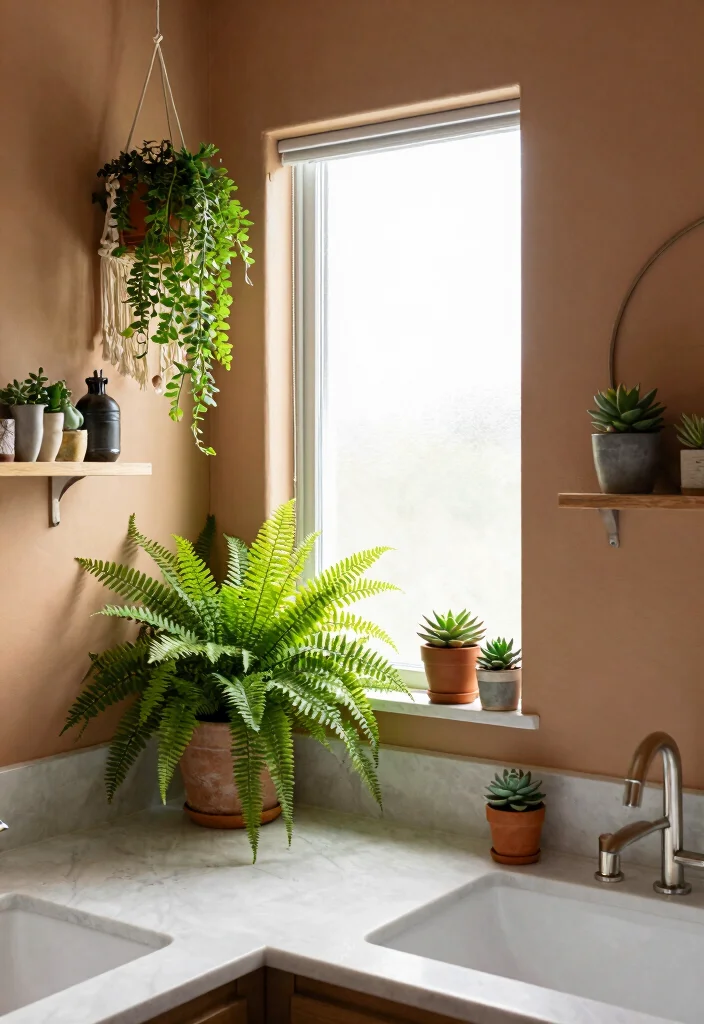 12 Light Brown Bathroom Ideas with Warm Natural Tones 9. Decorative Greenery 0