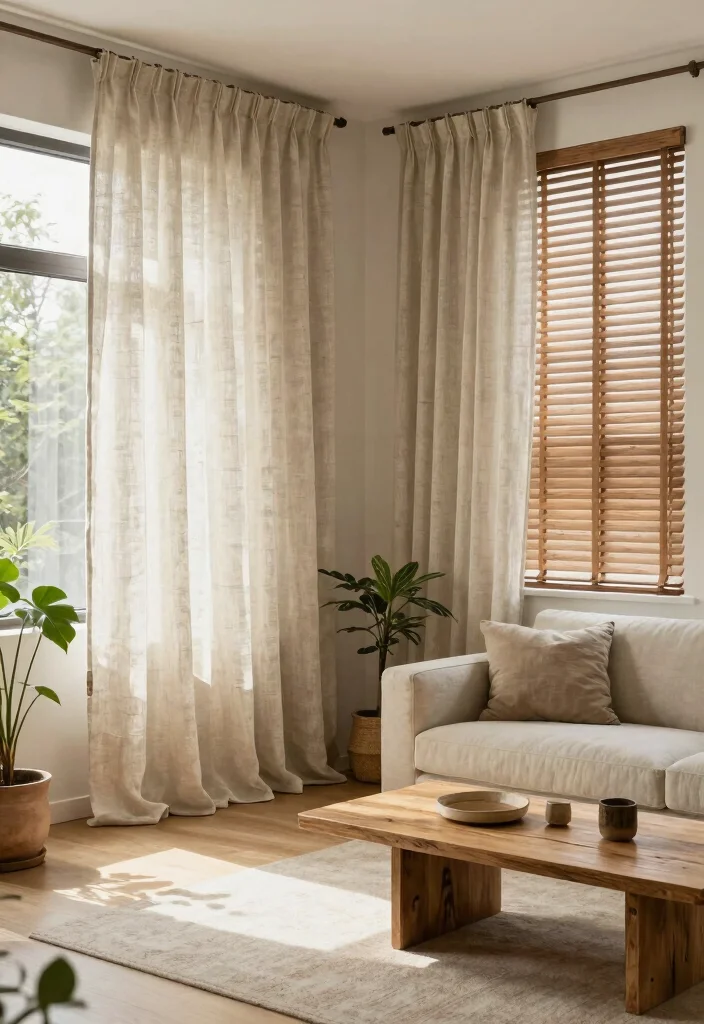 12 Living Room Curtain Ideas with Blinds Combined 1. Natural Linen Curtains with Wooden Blinds 0
