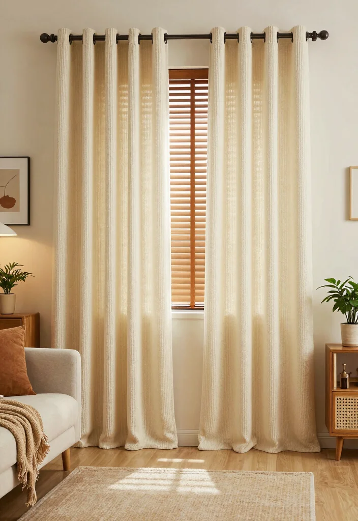 12 Living Room Curtain Ideas with Blinds Combined 10. Cozy Knit Curtains with Faux Wood Blinds 0