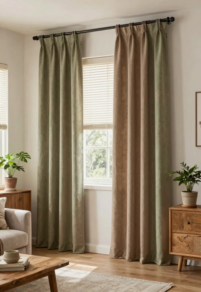 12 Living Room Curtain Ideas with Blinds Combined 11. Earthy Tones Curtains with Adjustable Blinds 0