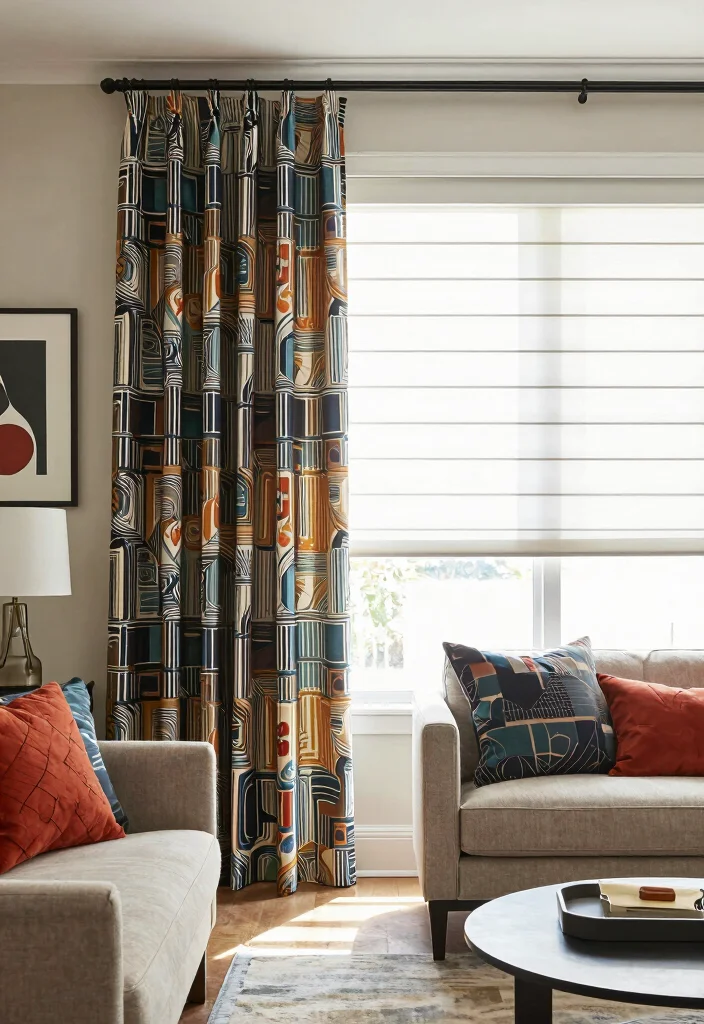 12 Living Room Curtain Ideas with Blinds Combined 12. Chic Patterned Curtains with Venetian Blinds 0
