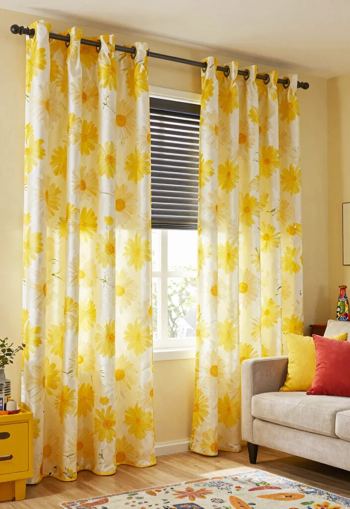 12 Living Room Curtain Ideas with Blinds Combined 2. Bright Floral Patterned Curtains with Blackout Blinds 0
