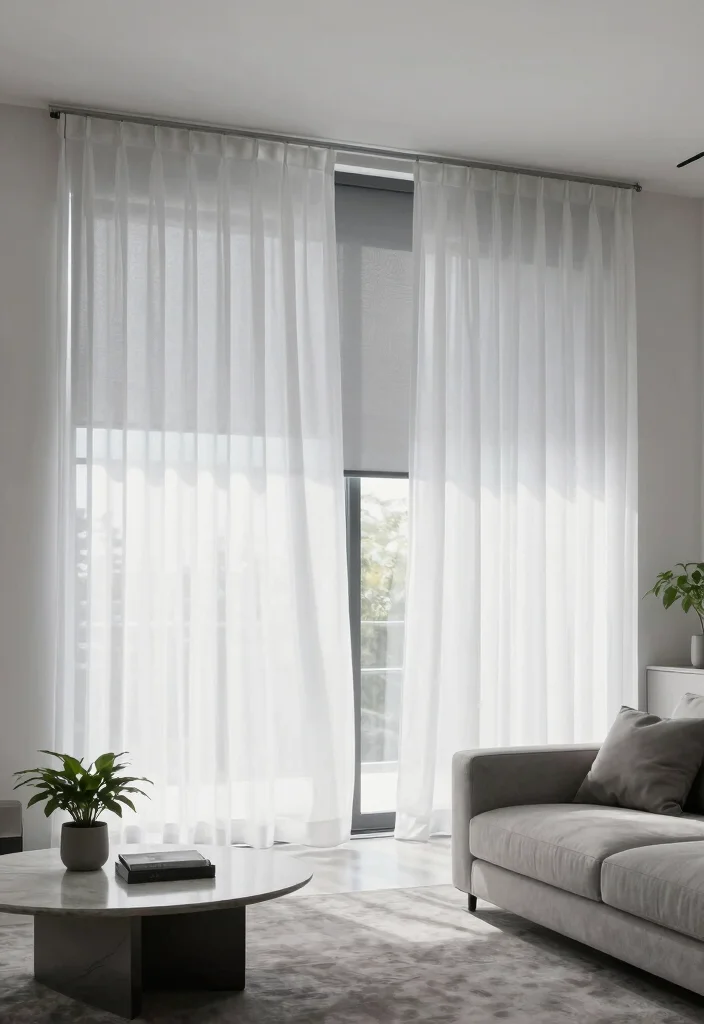 12 Living Room Curtain Ideas with Blinds Combined 3. Minimalist Sheer Curtains with Roller Blinds 0