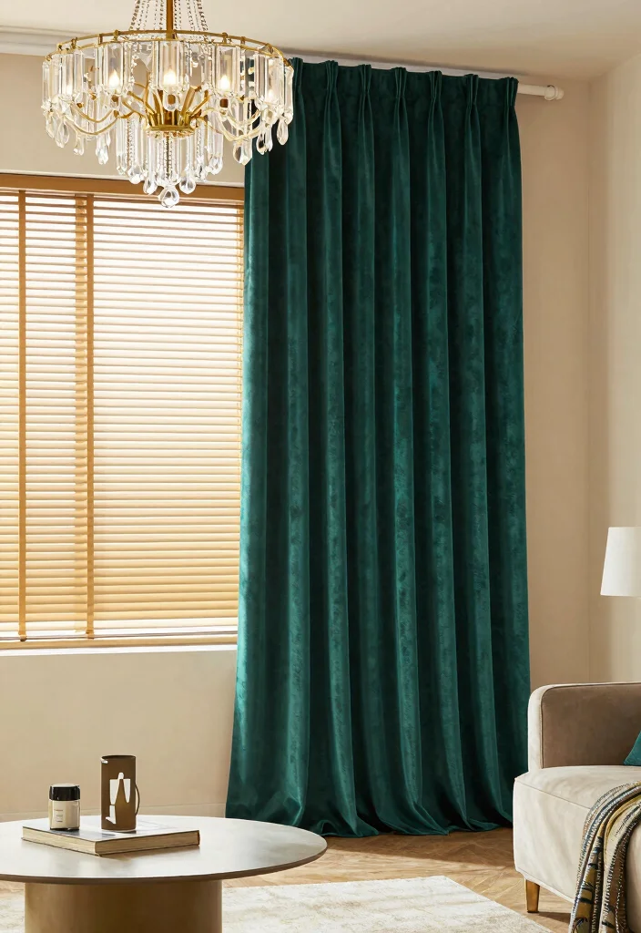 12 Living Room Curtain Ideas with Blinds Combined 4. Textured Velvet Curtains with Honeycomb Blinds 0