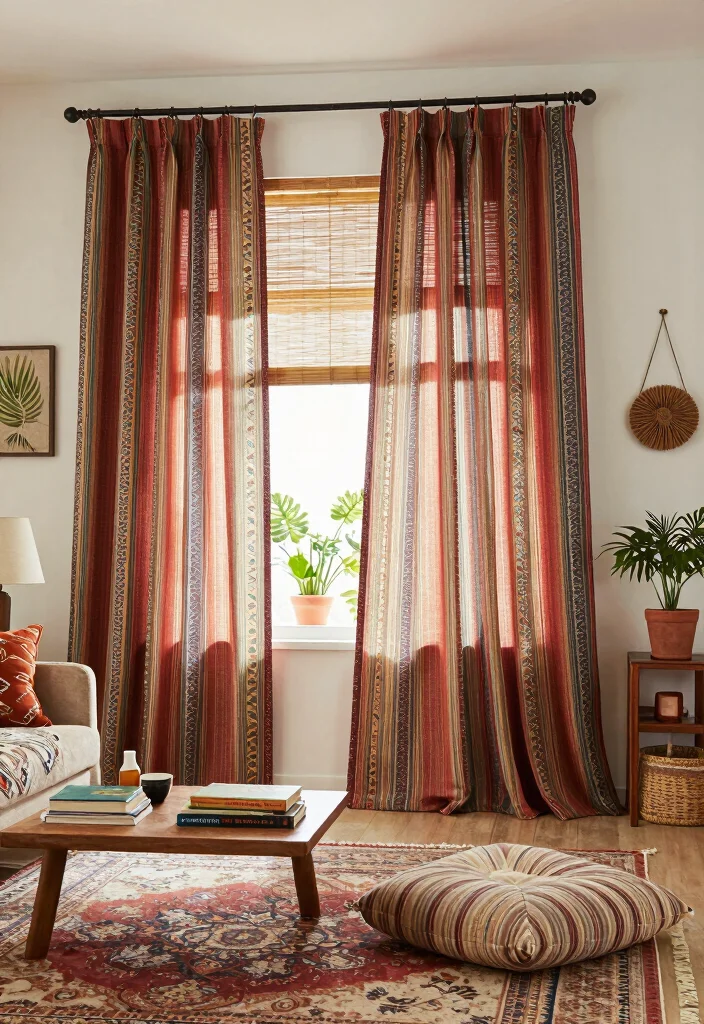 12 Living Room Curtain Ideas with Blinds Combined 5. Bohemian Style Curtains with Woven Bamboo Blinds 0