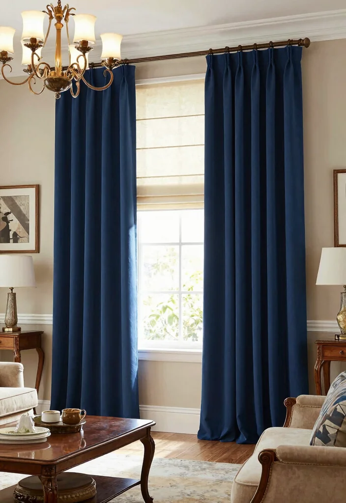 12 Living Room Curtain Ideas with Blinds Combined 6. Classic Tailored Curtains with Roman Blinds 0