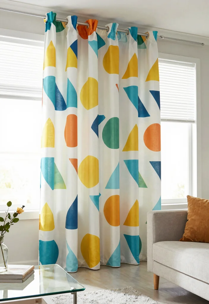 12 Living Room Curtain Ideas with Blinds Combined 7. Playful Geometric Curtains with Pleated Blinds 0
