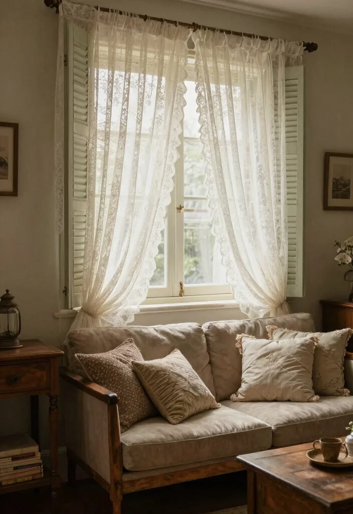12 Living Room Curtain Ideas with Blinds Combined 8. Vintage Lace Curtains with Plantation Shutters 0